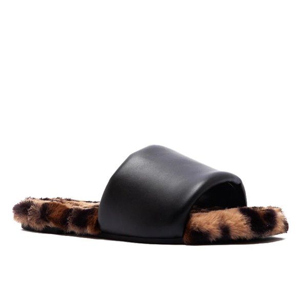 Black Pu Faux Fur Flat Slide Sandals - Picture 1 of 3